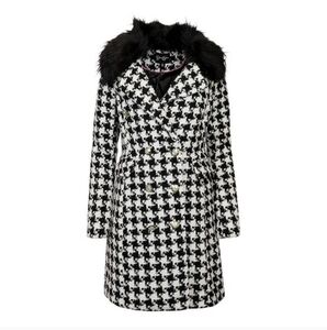 New Jessica Simpson tweed Houndstooth Gingham Faux Fur Collar double breasted